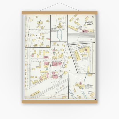 Old map wall art mockup — magnetic wood frame on white wall — Sanborn Fire Insurance Map from North East, Erie County, Pennsylvania (1896), Sheet #0003
