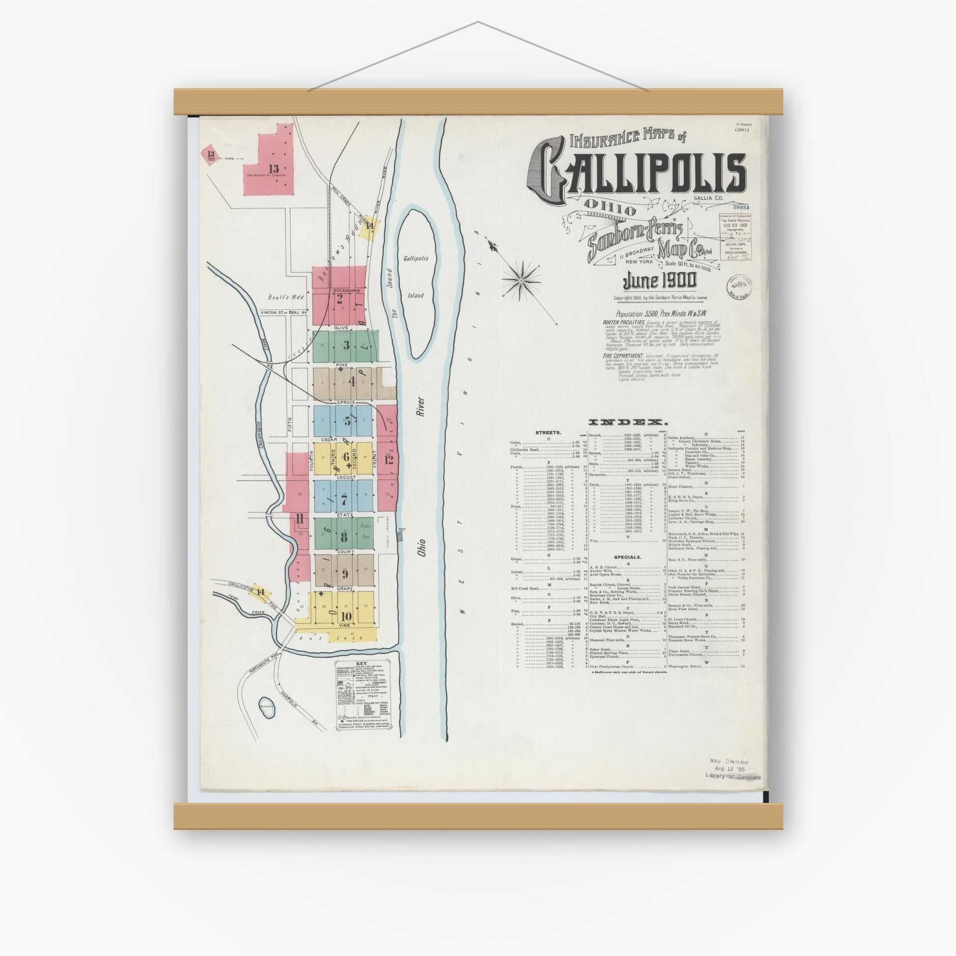 Old map wall art mockup — magnetic wood frame on white wall — Sanborn Fire Insurance Map from Gallipolis, Gallia County, Ohio (1900) - Complete Map Set