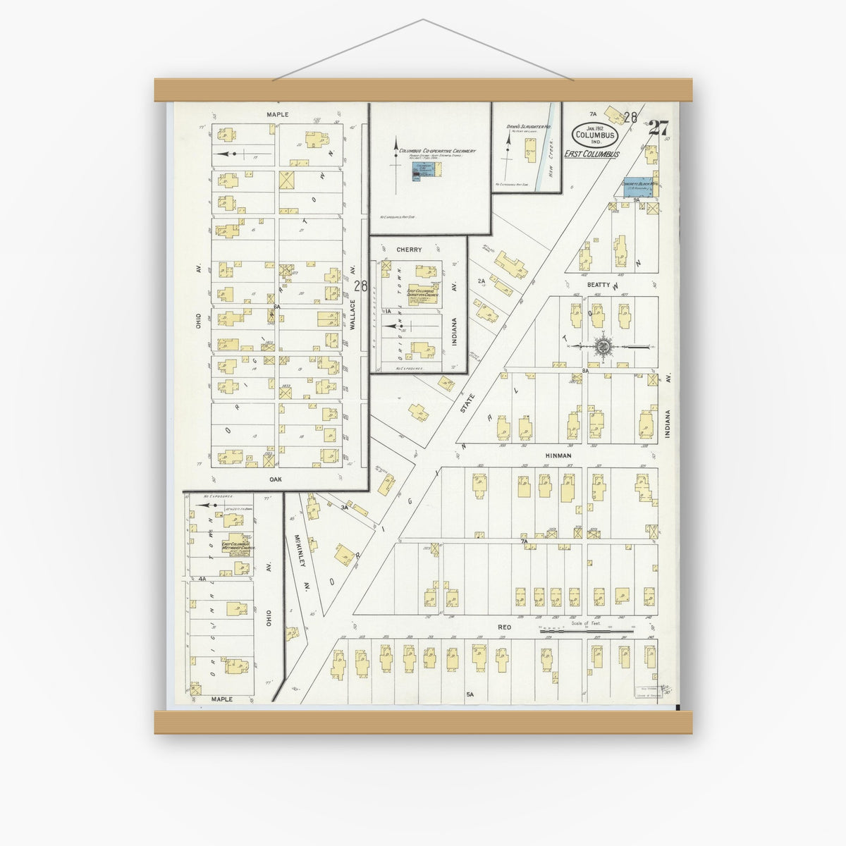 Old map wall art mockup — magnetic wood frame on white wall — Sanborn Fire Insurance Map from Columbus, Bartholomew County, Indiana (1912), Sheet #0027
