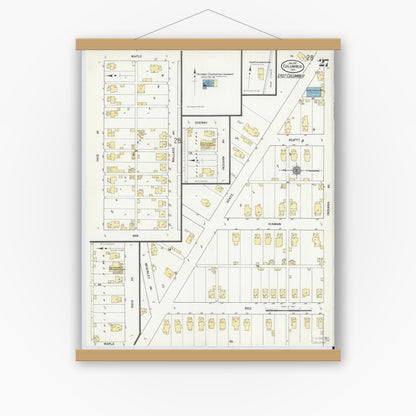 Old map wall art mockup — magnetic wood frame on white wall — Sanborn Fire Insurance Map from Columbus, Bartholomew County, Indiana (1912), Sheet #0027