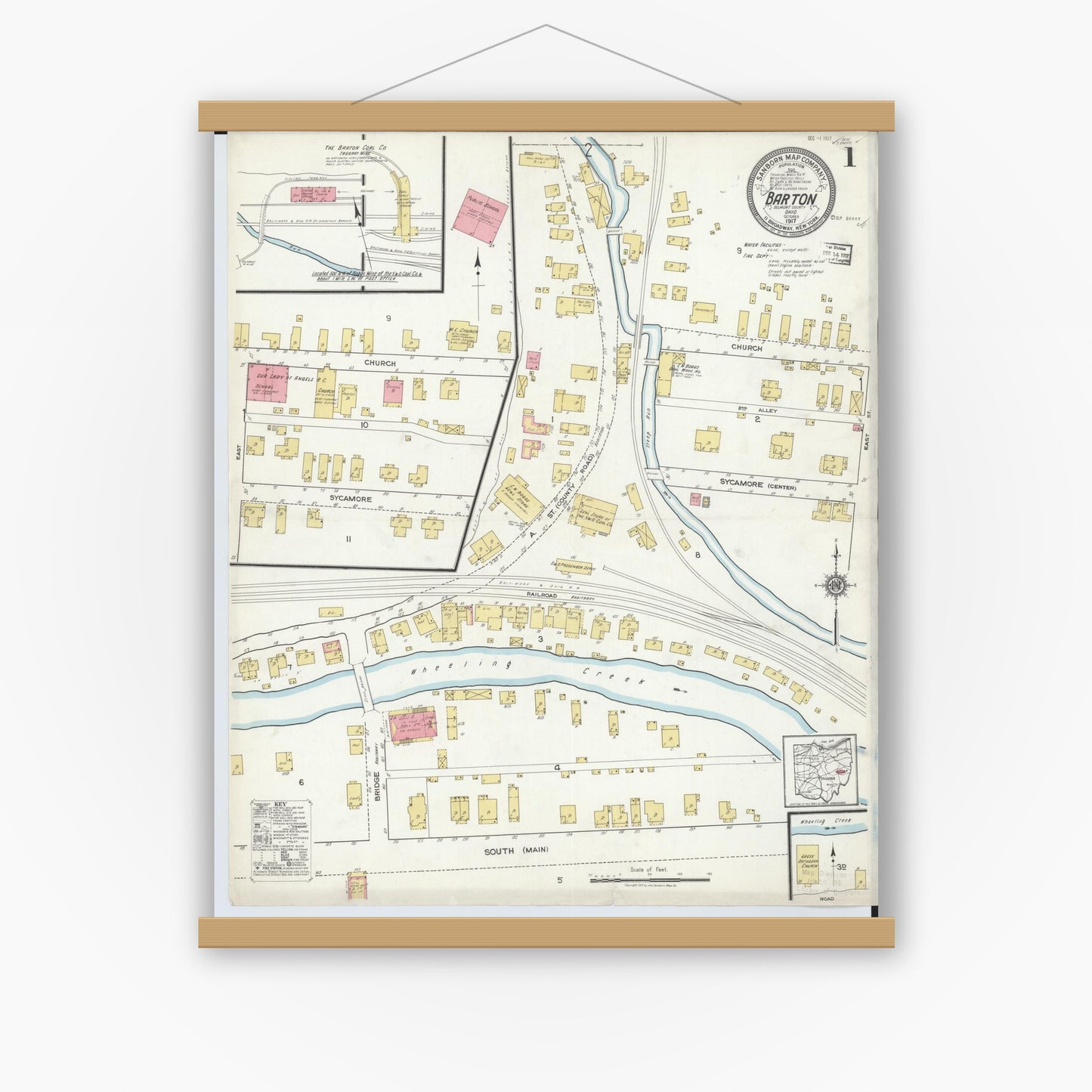 Old map wall art mockup — magnetic wood frame on white wall — Sanborn Fire Insurance Map from Barton, Belmont County, Ohio (1917) - Complete Map Set