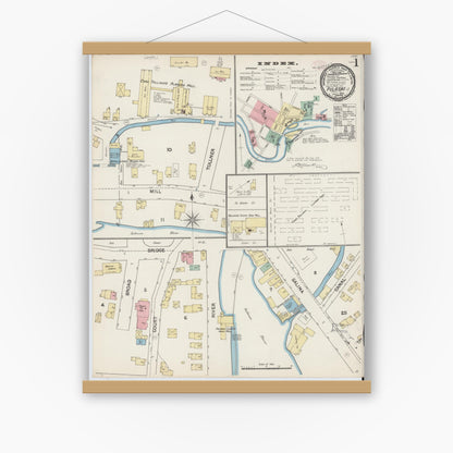 Old map wall art mockup — magnetic wood frame on white wall — Sanborn Fire Insurance Map from Pulaski, Oswego County, New York (1890) - Complete Map Set