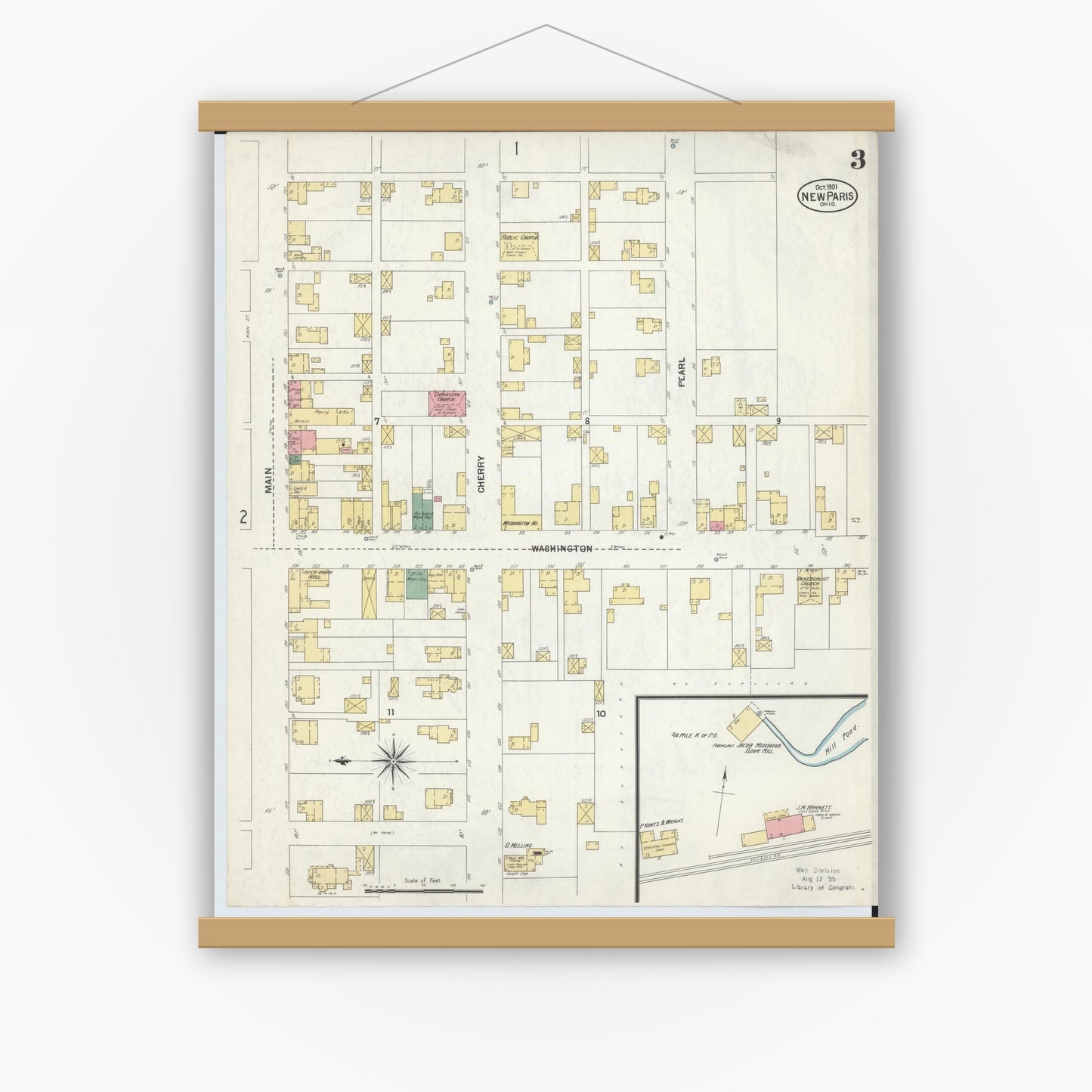 Old map wall art mockup — magnetic wood frame on white wall — Sanborn Fire Insurance Map from New Paris, Preble County, Ohio (1901), Sheet #0003