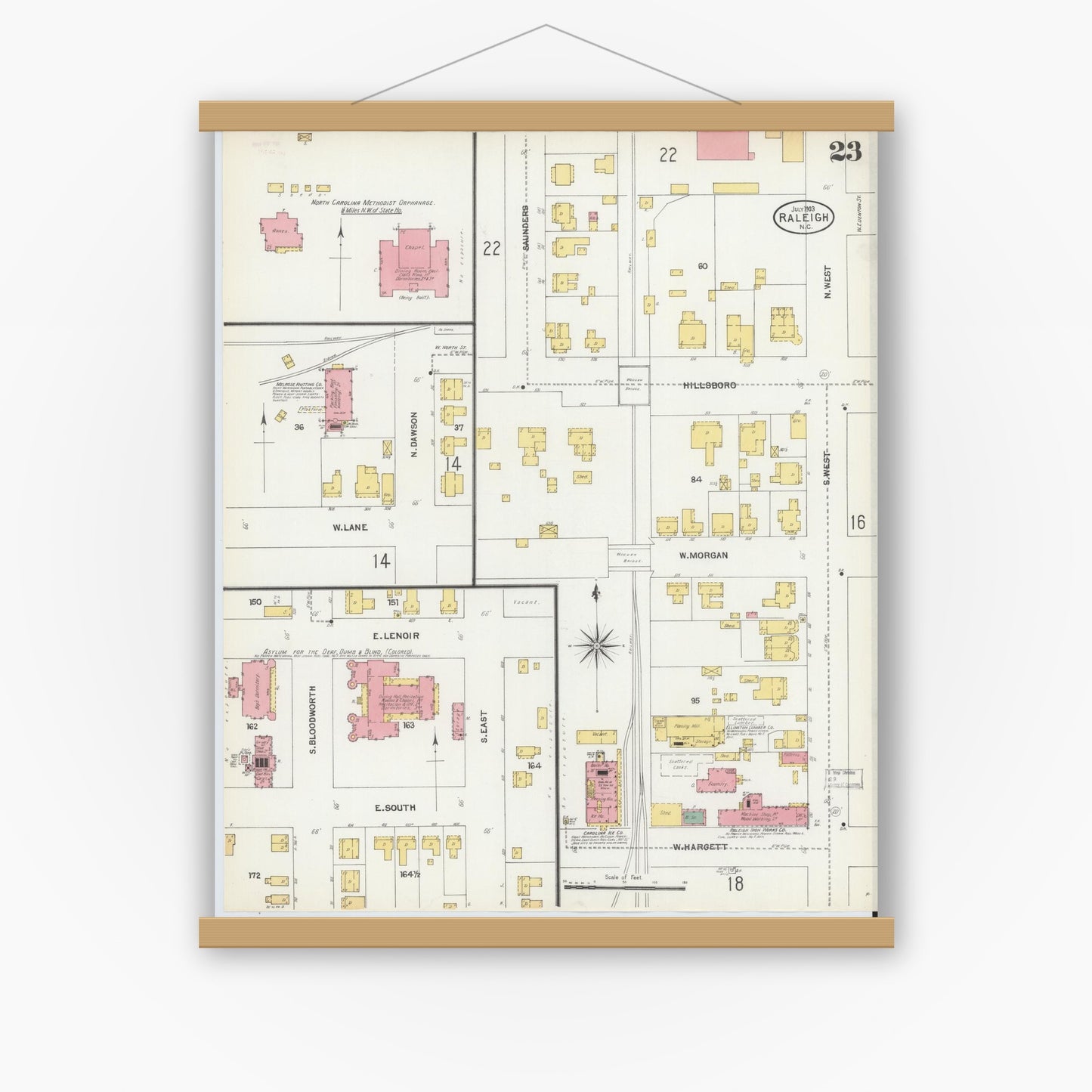 Old map wall art mockup — magnetic wood frame on white wall — Sanborn Fire Insurance Map from Raleigh, Wake County, North Carolina (1903), Sheet #0023