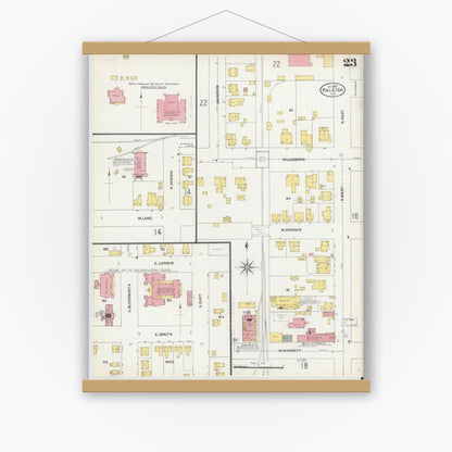 Old map wall art mockup — magnetic wood frame on white wall — Sanborn Fire Insurance Map from Raleigh, Wake County, North Carolina (1903), Sheet #0023