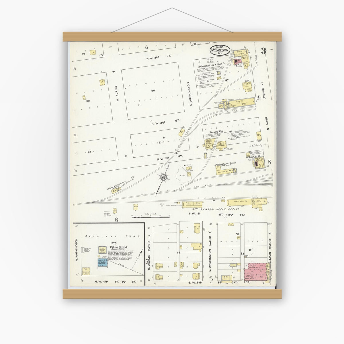 Old map wall art mockup — magnetic wood frame on white wall — Sanborn Fire Insurance Map from McGregor, McLennan County, Texas (1915), Sheet #0003