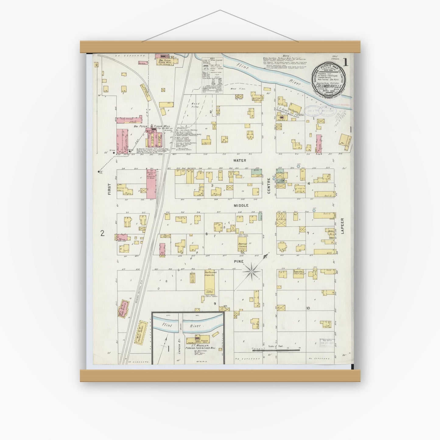 Old map wall art mockup — magnetic wood frame on white wall — Sanborn Fire Insurance Map from Columbiaville, Lapeer County, Michigan (1898) - Complete Map Set