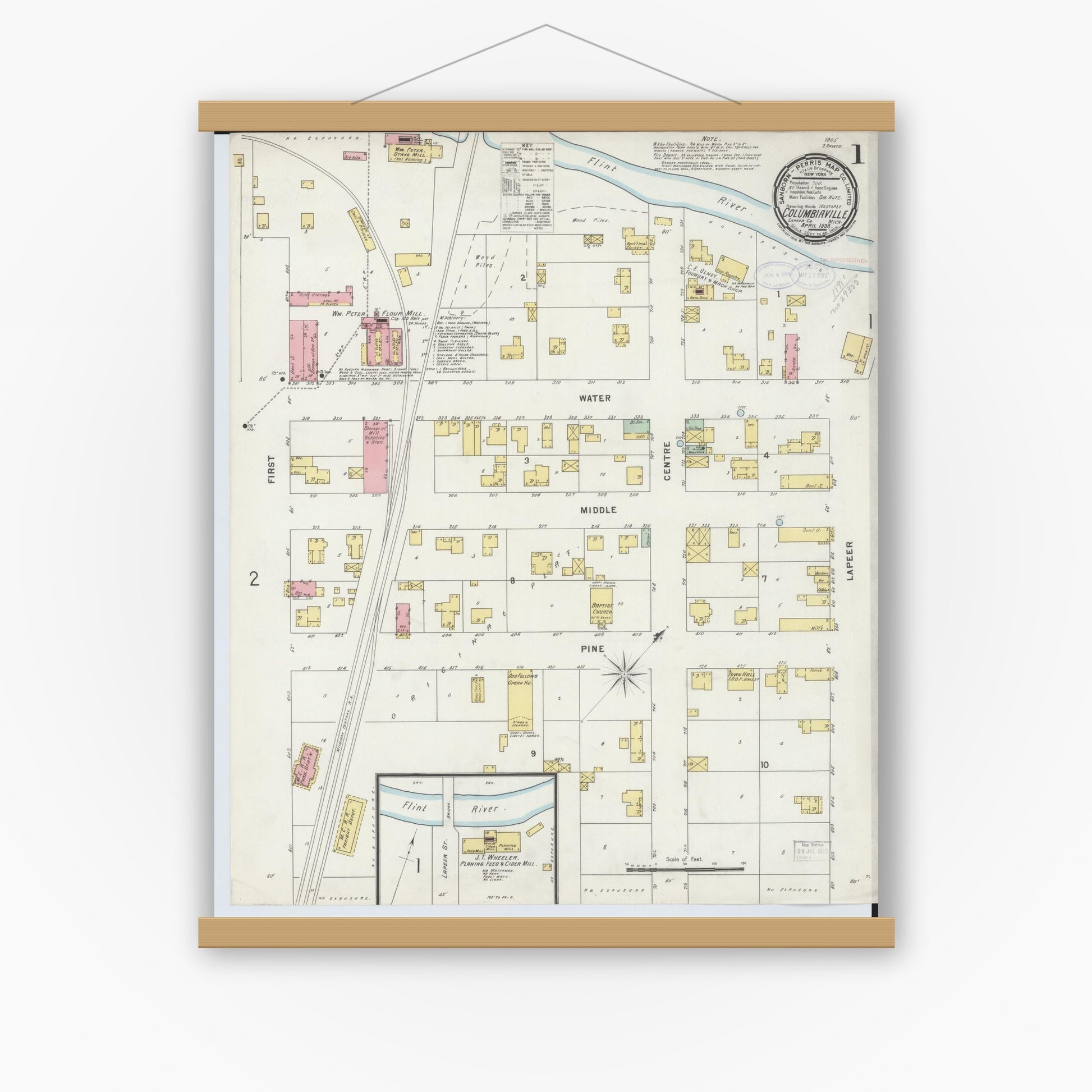 Old map wall art mockup — magnetic wood frame on white wall — Sanborn Fire Insurance Map from Columbiaville, Lapeer County, Michigan (1898) - Complete Map Set