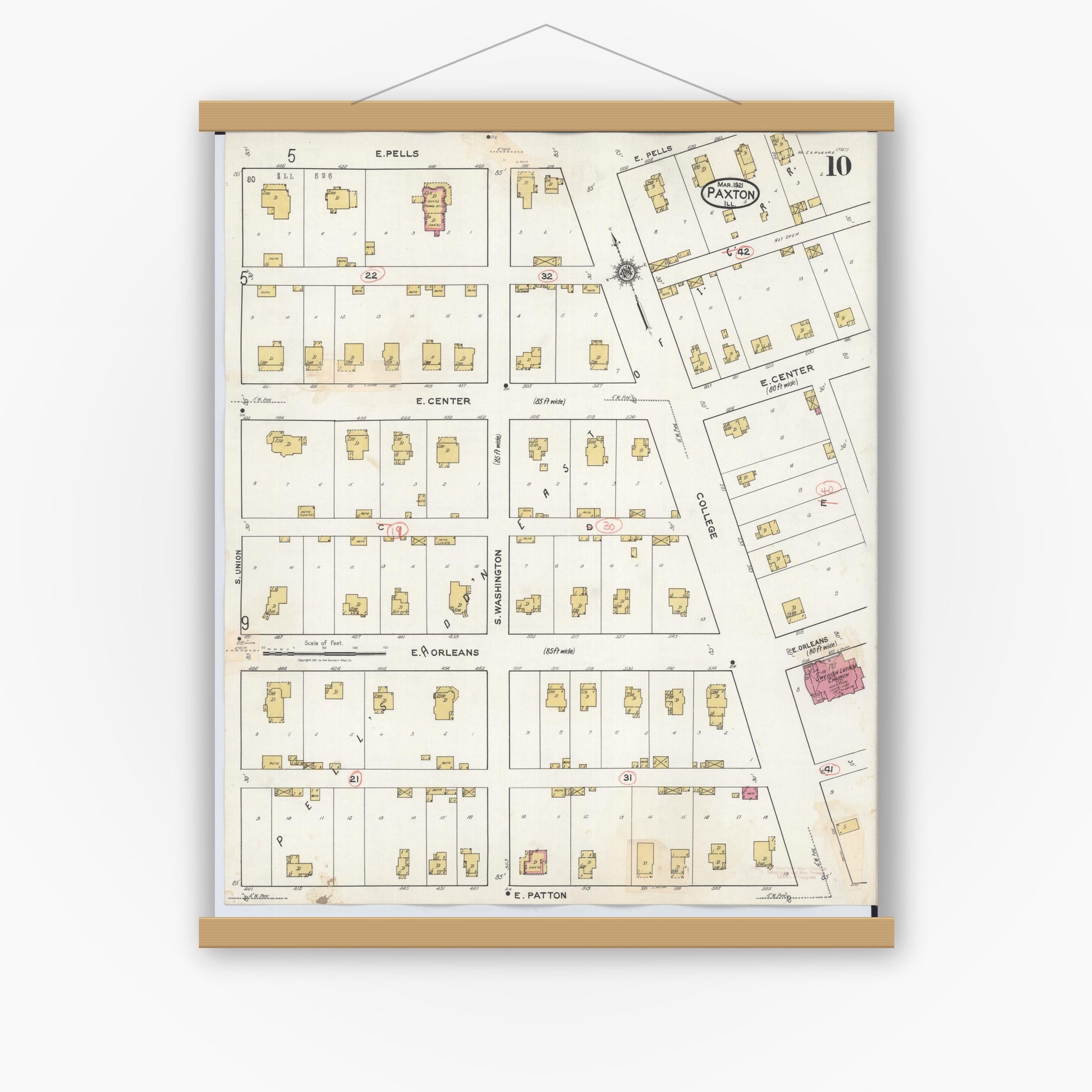 Old map wall art mockup — magnetic wood frame on white wall — Sanborn Fire Insurance Map from Paxton, Ford County, Illinois (1932), Sheet #0010