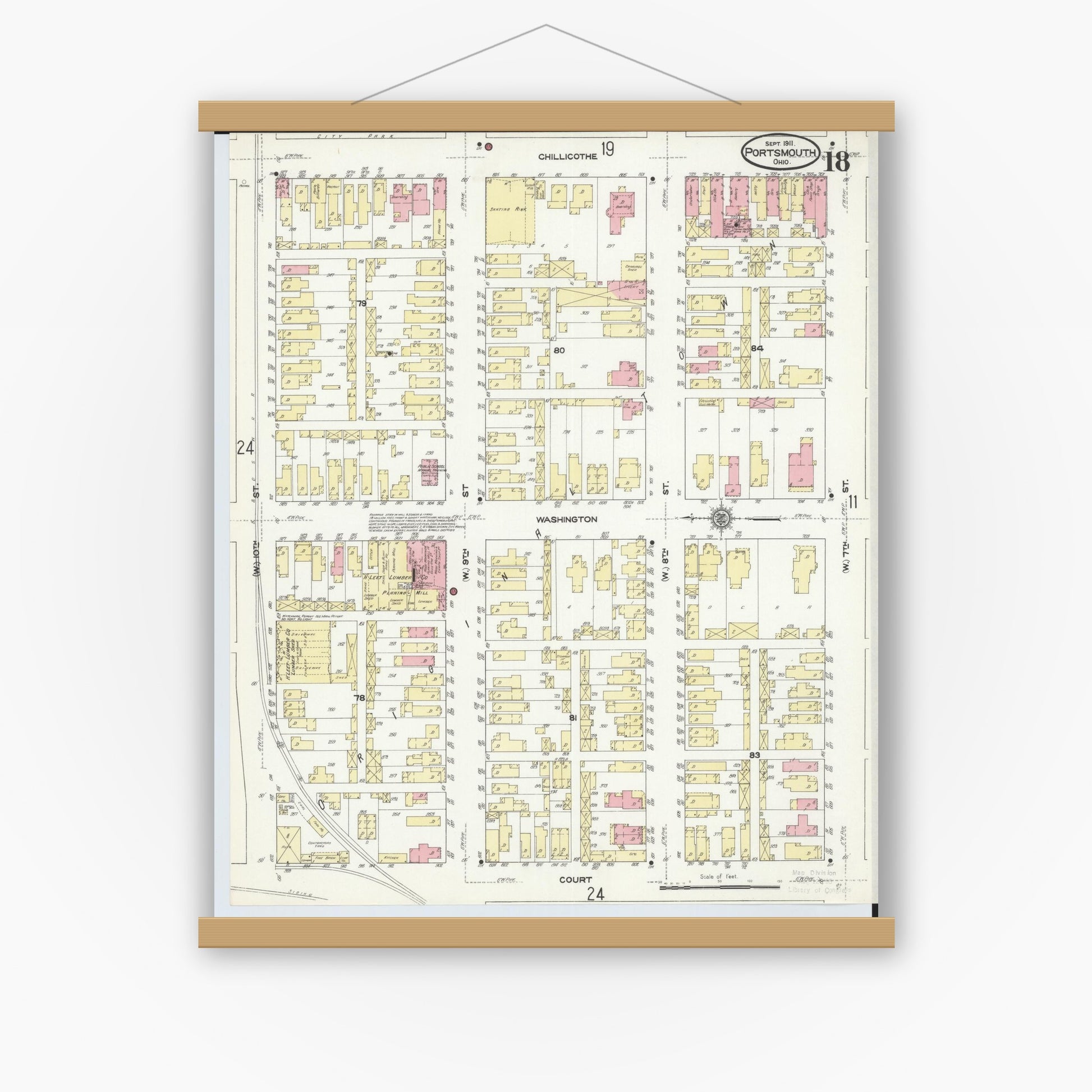 Old map wall art mockup — magnetic wood frame on white wall — Sanborn Fire Insurance Map from Portsmouth, Scioto County, Ohio (1911), Sheet #0018