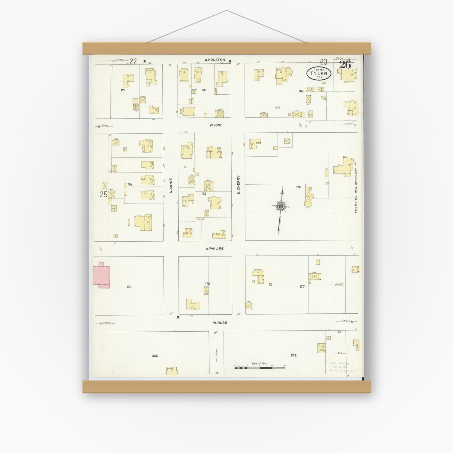 Old map wall art mockup — magnetic wood frame on white wall — Sanborn Fire Insurance Map from Tyler, Smith County, Texas (1912), Sheet #0026