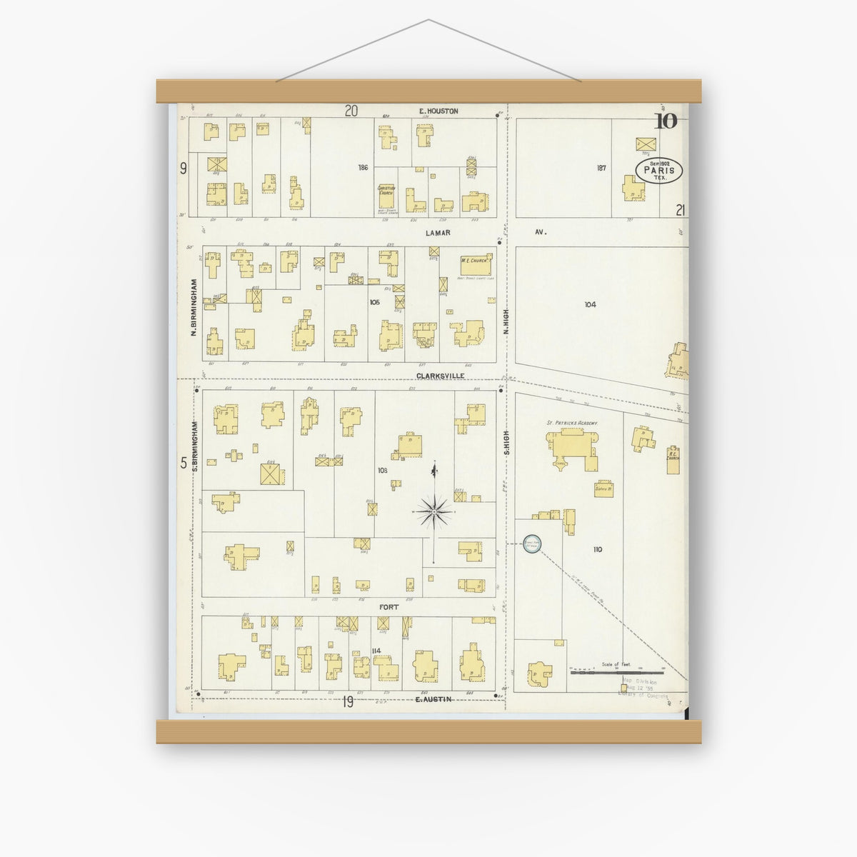 Old map wall art mockup — magnetic wood frame on white wall — Sanborn Fire Insurance Map from Paris, Lamar County, Texas (1902), Sheet #0010