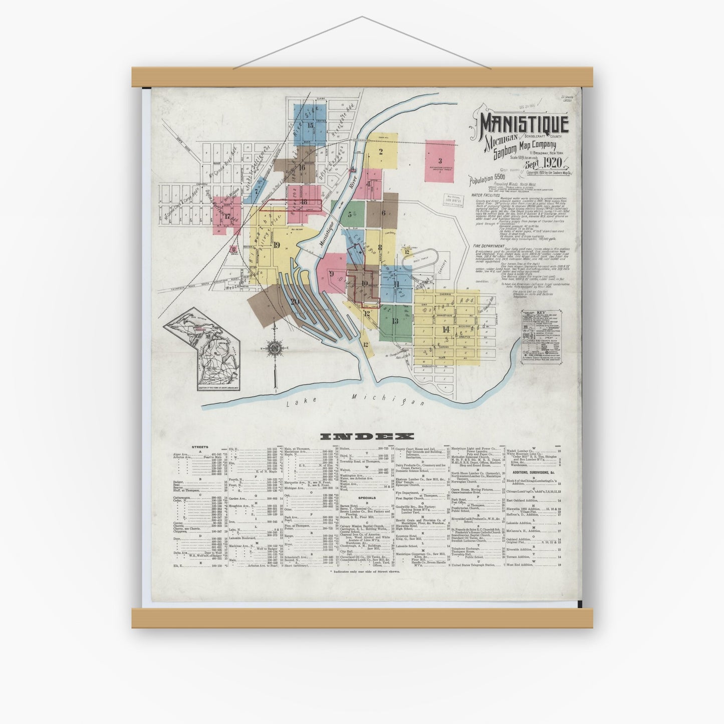 Old map wall art mockup — magnetic wood frame on white wall — Sanborn Fire Insurance Map from Manistique, Schoolcraft County, Michigan (1920), Sheet #0001