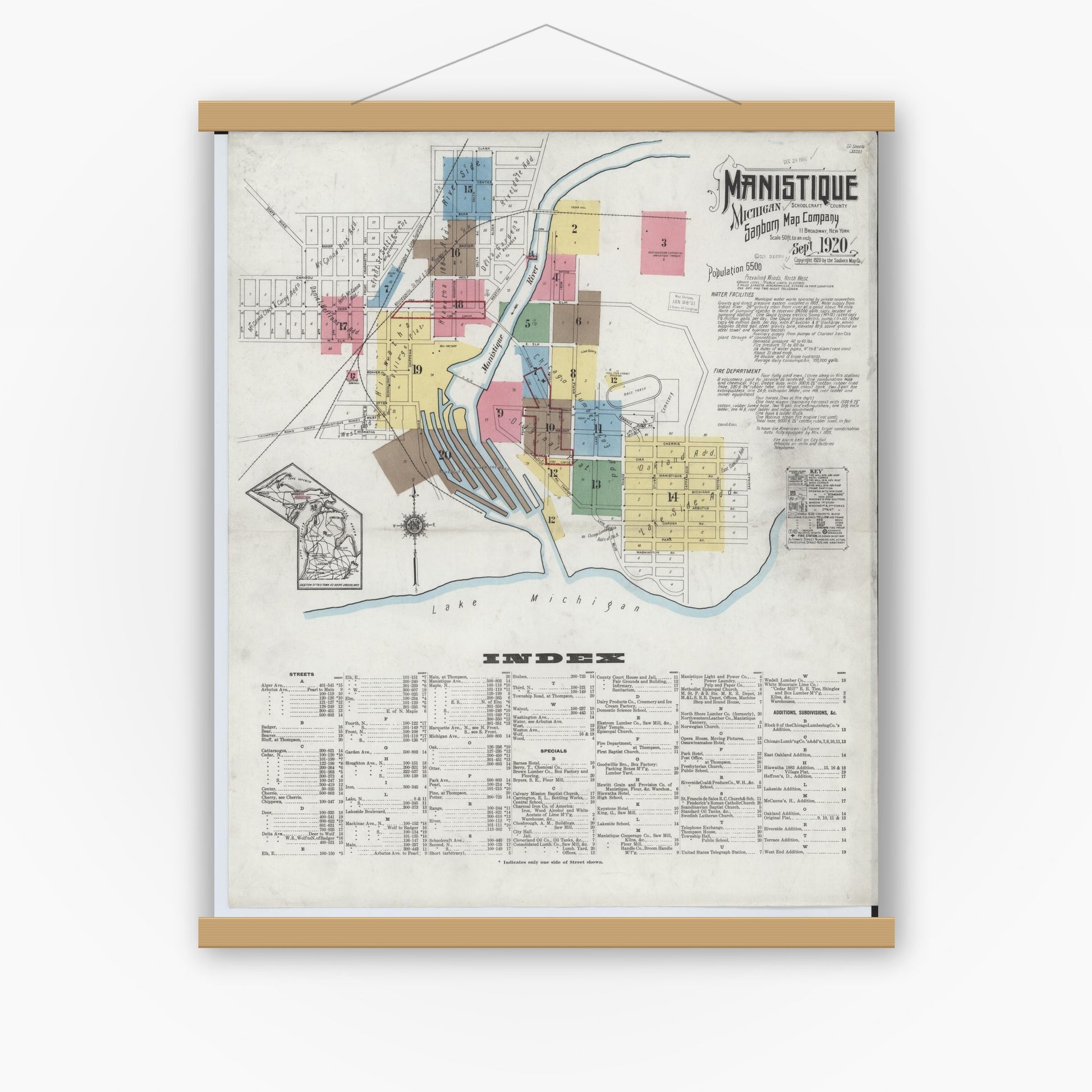 Old map wall art mockup — magnetic wood frame on white wall — Sanborn Fire Insurance Map from Manistique, Schoolcraft County, Michigan (1920), Sheet #0001