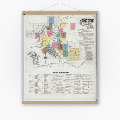 Old map wall art mockup — magnetic wood frame on white wall — Sanborn Fire Insurance Map from Manistique, Schoolcraft County, Michigan (1920), Sheet #0001