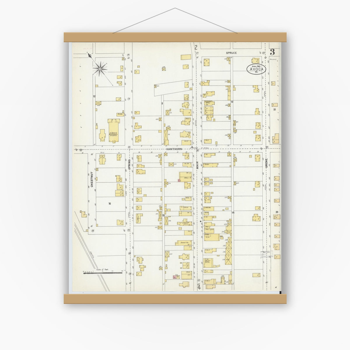 Old map wall art mockup — magnetic wood frame on white wall — Sanborn Fire Insurance Map from Avoca, Luzerne County, Pennsylvania (1903), Sheet #0003