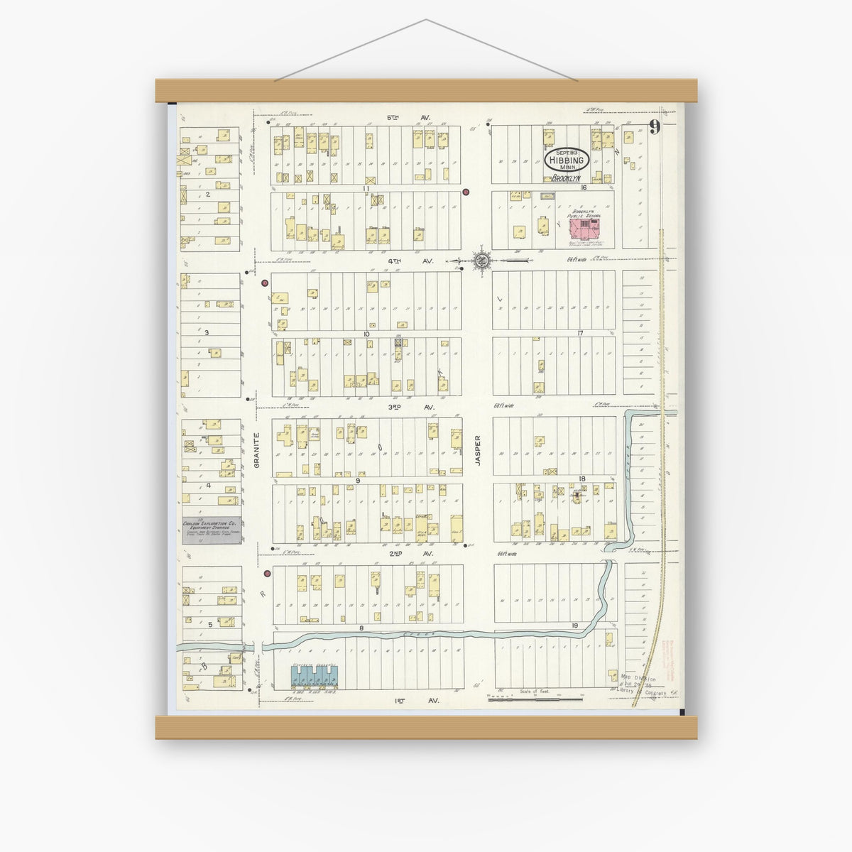 Old map wall art mockup — magnetic wood frame on white wall — Sanborn Fire Insurance Map from Hibbing, Saint Louis County, Minnesota (1913), Sheet #0009