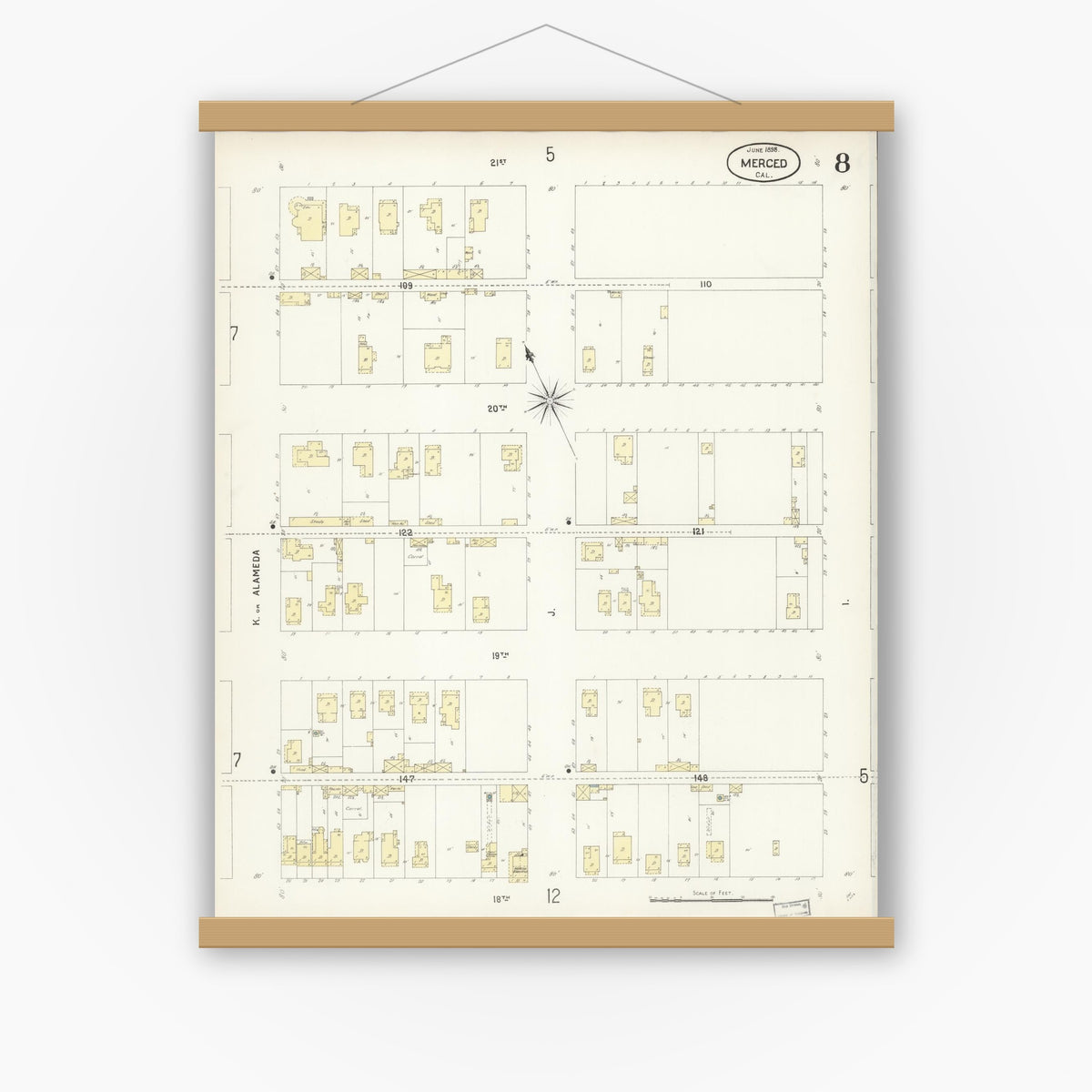 Old map wall art mockup — magnetic wood frame on white wall — Sanborn Fire Insurance Map from Merced, Merced County, California (1898), Sheet #0008