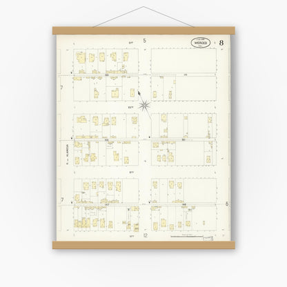 Old map wall art mockup — magnetic wood frame on white wall — Sanborn Fire Insurance Map from Merced, Merced County, California (1898), Sheet #0008