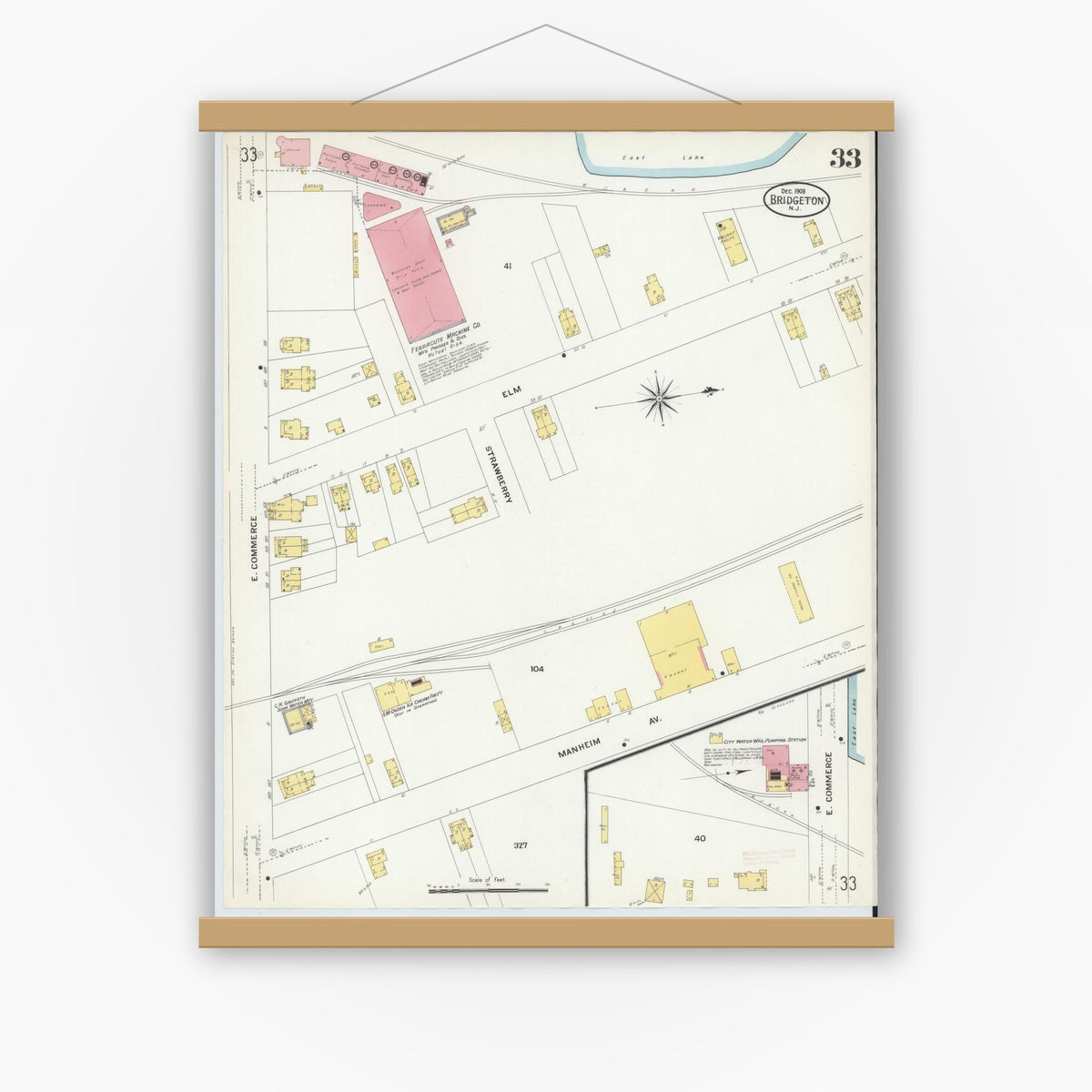 Old map wall art mockup — magnetic wood frame on white wall — Sanborn Fire Insurance Map from Bridgeton, Cumberland County, New Jersey (1908), Sheet #0033