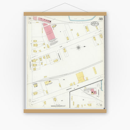 Old map wall art mockup — magnetic wood frame on white wall — Sanborn Fire Insurance Map from Bridgeton, Cumberland County, New Jersey (1908), Sheet #0033