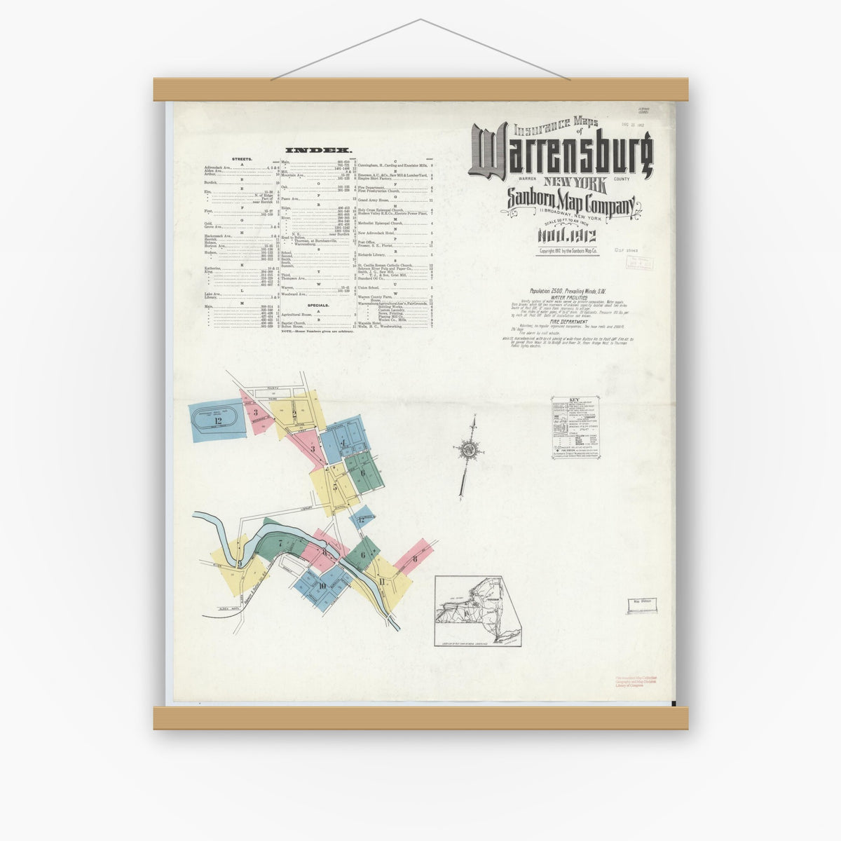 Old map wall art mockup — magnetic wood frame on white wall — Sanborn Fire Insurance Map from Warrensburg, Warren County, New York (1912) - Complete Map Set