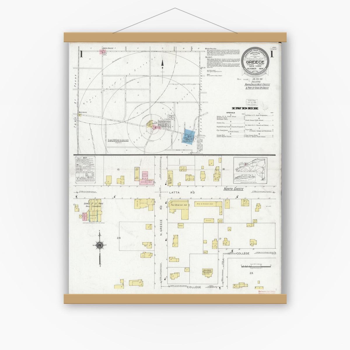 Old map wall art mockup — magnetic wood frame on white wall — Sanborn Fire Insurance Map from Greece, Monroe County, New York (1929) - Complete Map Set