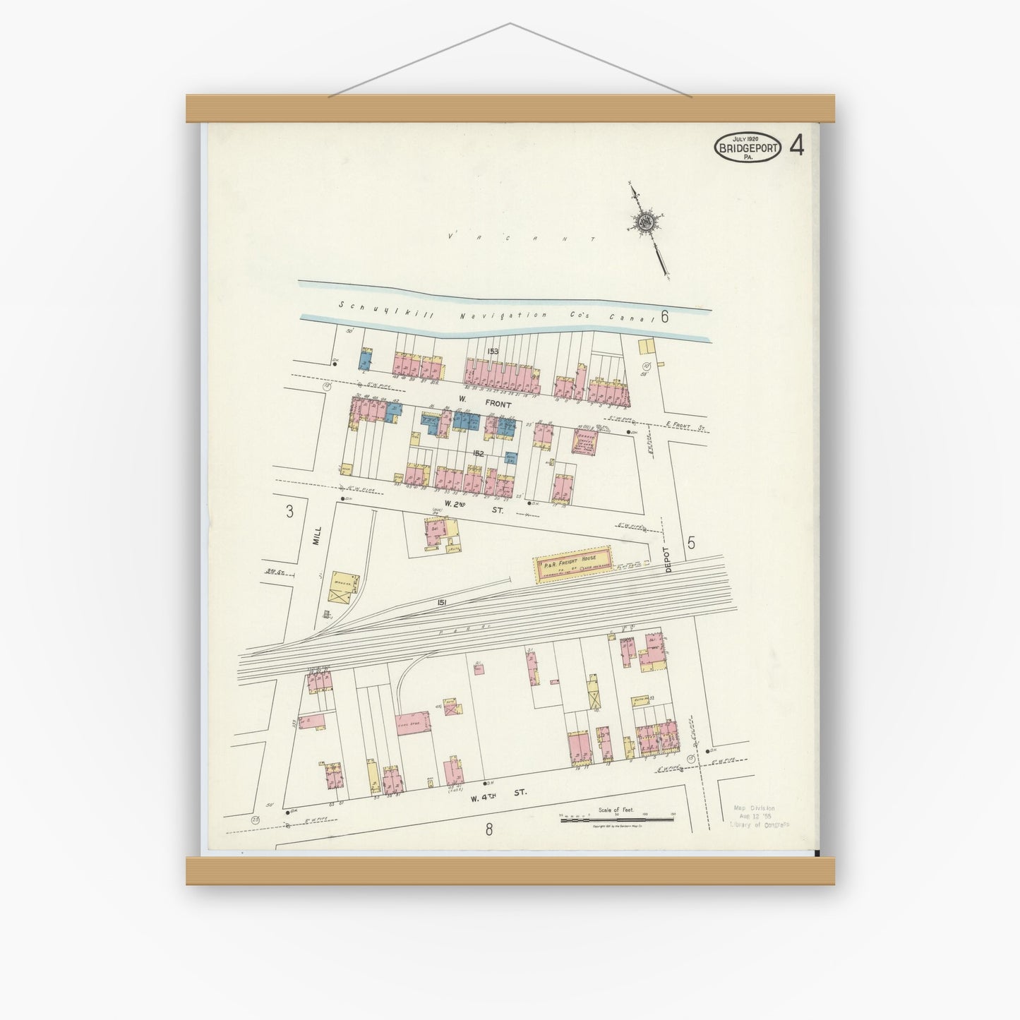 Old map wall art mockup — magnetic wood frame on white wall — Sanborn Fire Insurance Map from Bridgeport, Montgomery County, Pennsylvania (1920), Sheet #0004