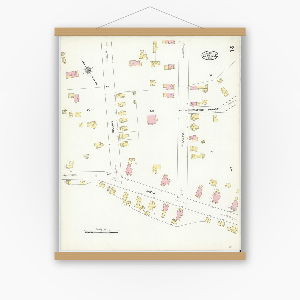 Old map wall art mockup — magnetic wood frame on white wall — Sanborn Fire Insurance Map from Lowville, Lewis County, New York (1909), Sheet #0002
