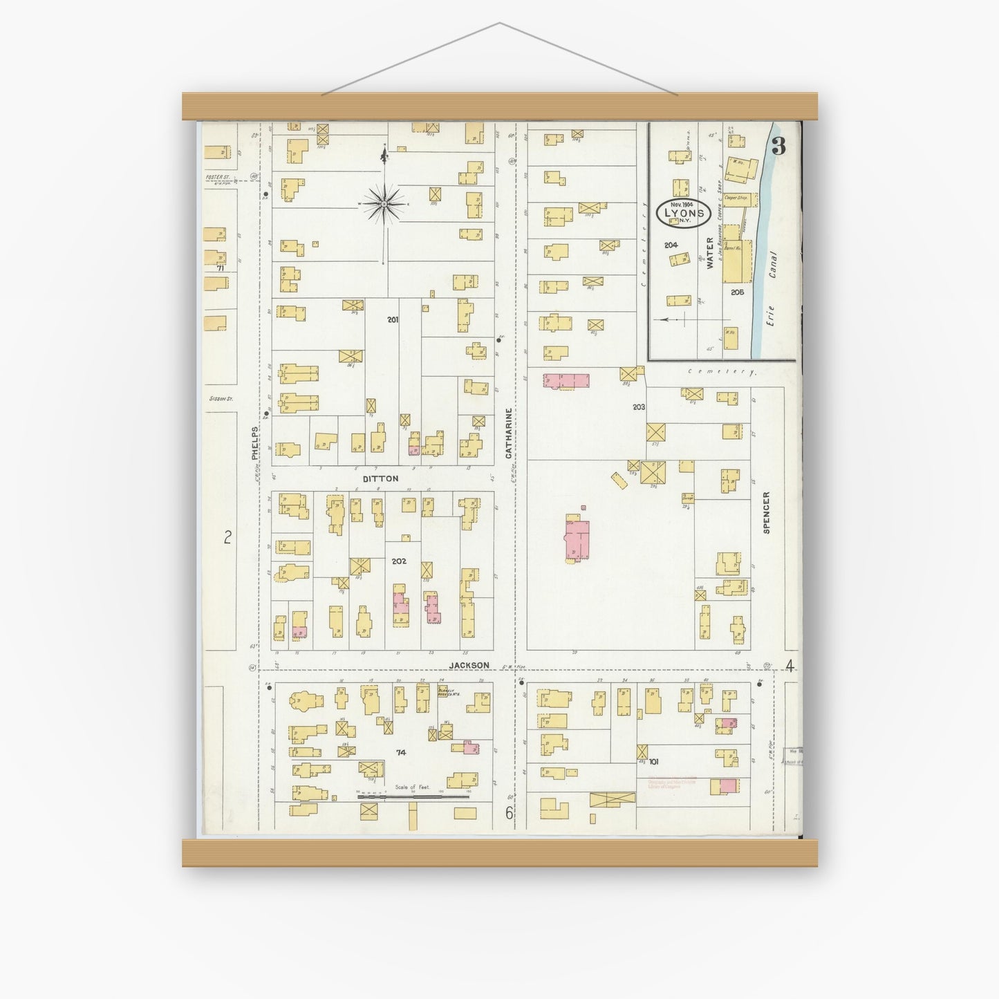 Old map wall art mockup — magnetic wood frame on white wall — Sanborn Fire Insurance Map from Lyons, Wayne County, New York (1904), Sheet #0003