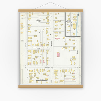 Old map wall art mockup — magnetic wood frame on white wall — Sanborn Fire Insurance Map from Lyons, Wayne County, New York (1904), Sheet #0003