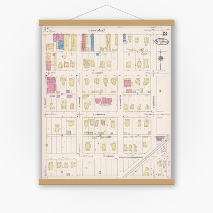 Old map wall art mockup — magnetic wood frame on white wall — Sanborn Fire Insurance Map from Taylorville, Christian County, Illinois (1922), Sheet #0013