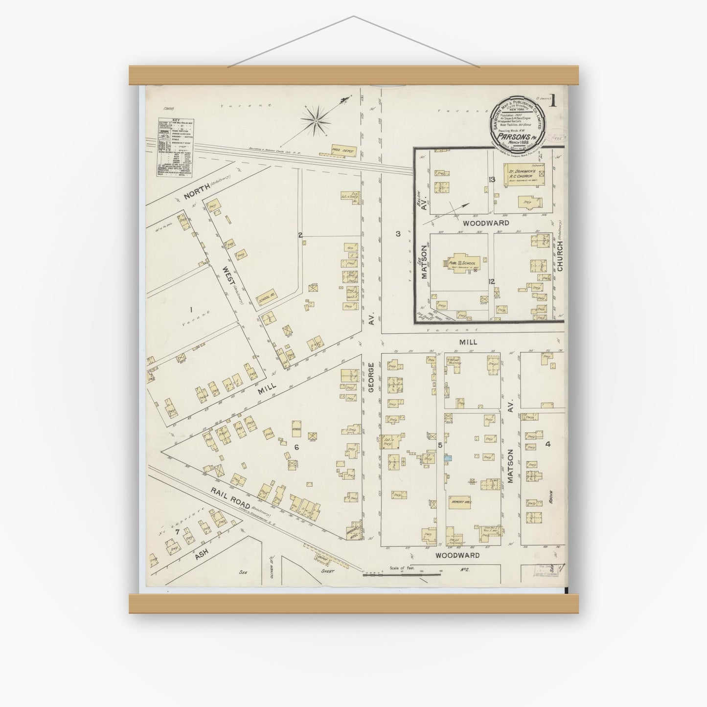 Old map wall art mockup — magnetic wood frame on white wall — Sanborn Fire Insurance Map from Parsons, Luzerne County, Pennsylvania (1888) - Complete Map Set