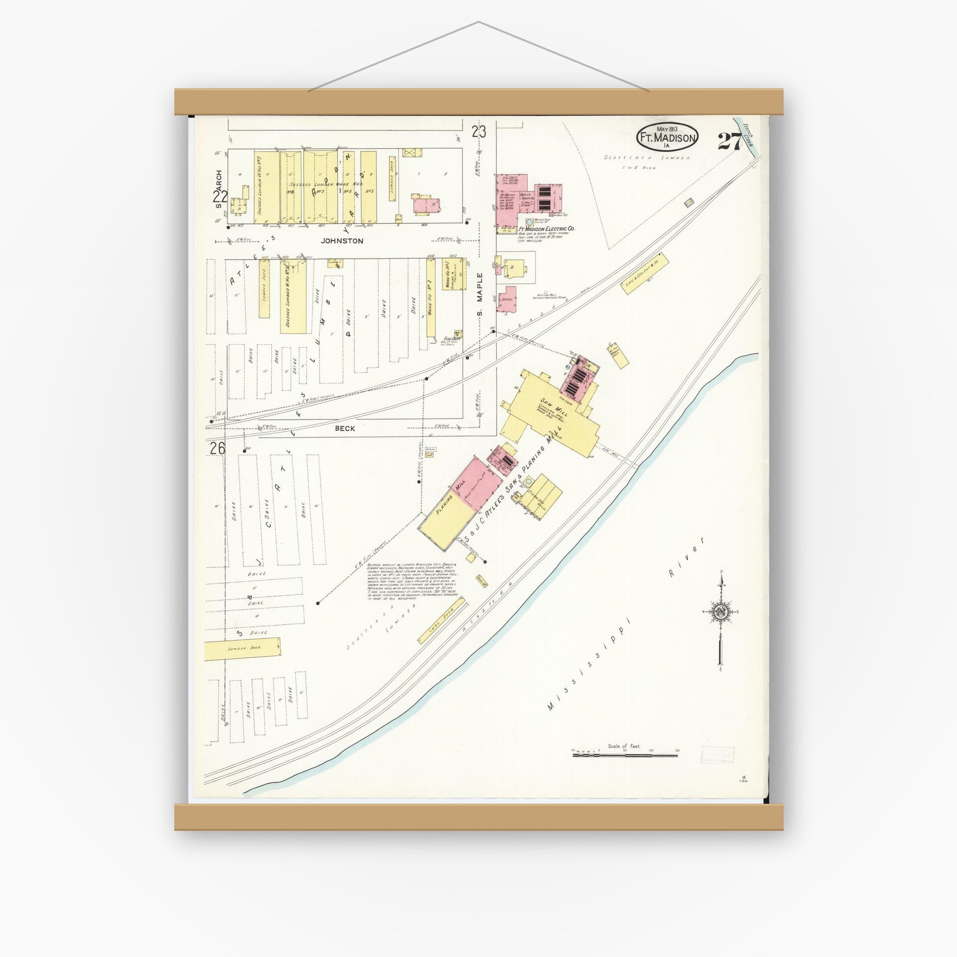 Old map wall art mockup — magnetic wood frame on white wall — Sanborn Fire Insurance Map from Fort Madison, Lee County, Iowa (1913), Sheet #0027
