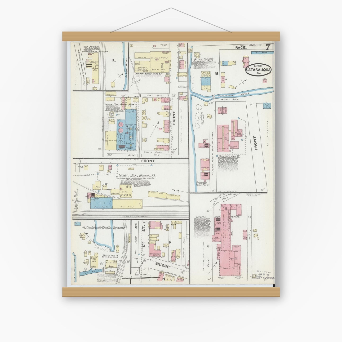 Old map wall art mockup — magnetic wood frame on white wall — Sanborn Fire Insurance Map from Catasauqua, Lehigh County, Pennsylvania (1891), Sheet #0007