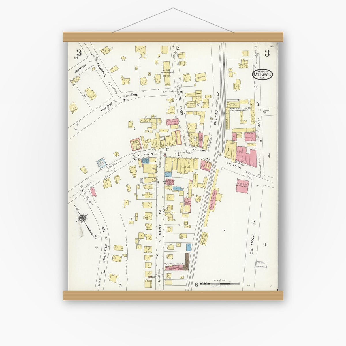 Old map wall art mockup — magnetic wood frame on white wall — Sanborn Fire Insurance Map from Mount Kisco, Westchester County, New York (1925), Sheet #0003