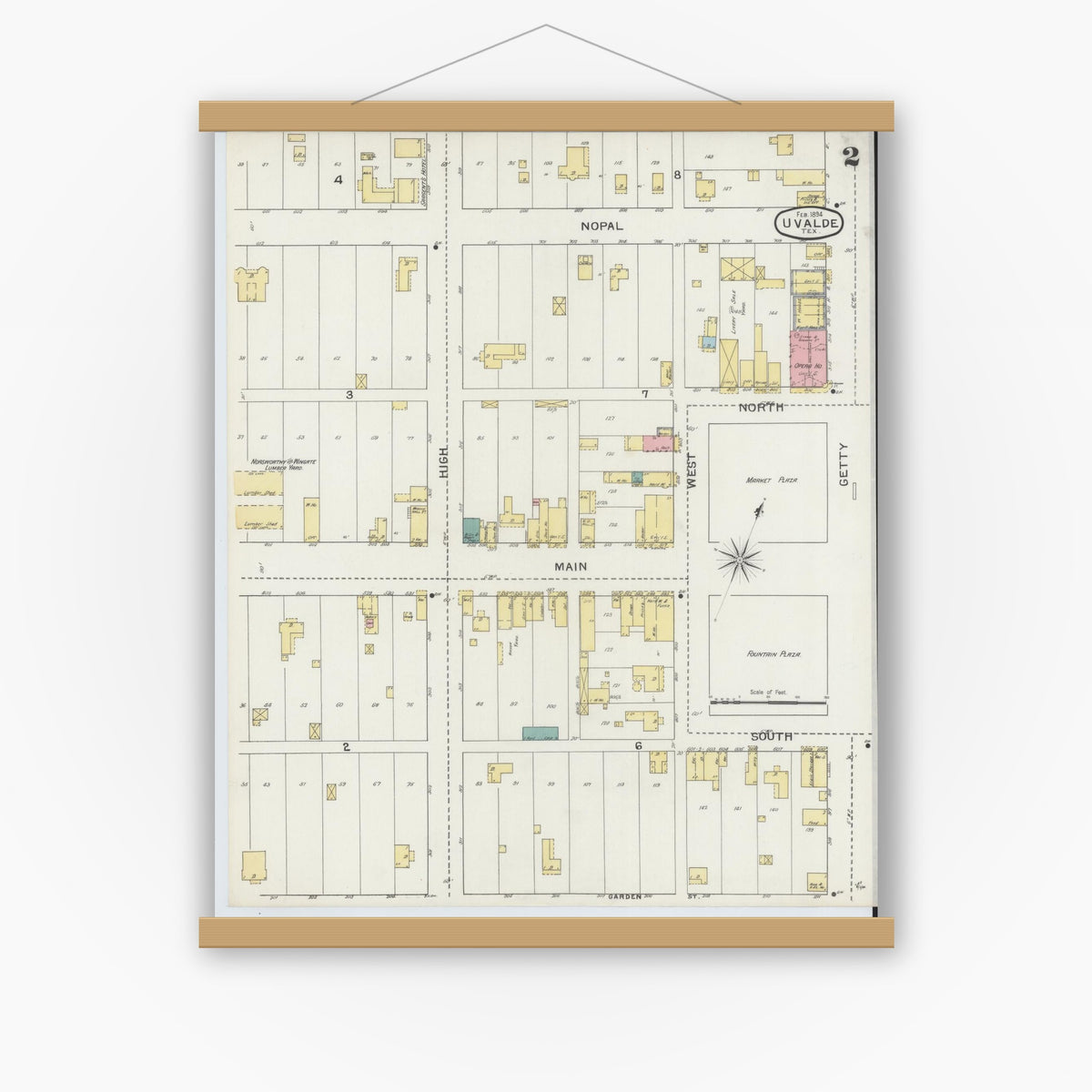 Old map wall art mockup — magnetic wood frame on white wall — Sanborn Fire Insurance Map from Uvalde, Uvalde County, Texas (1894), Sheet #0002