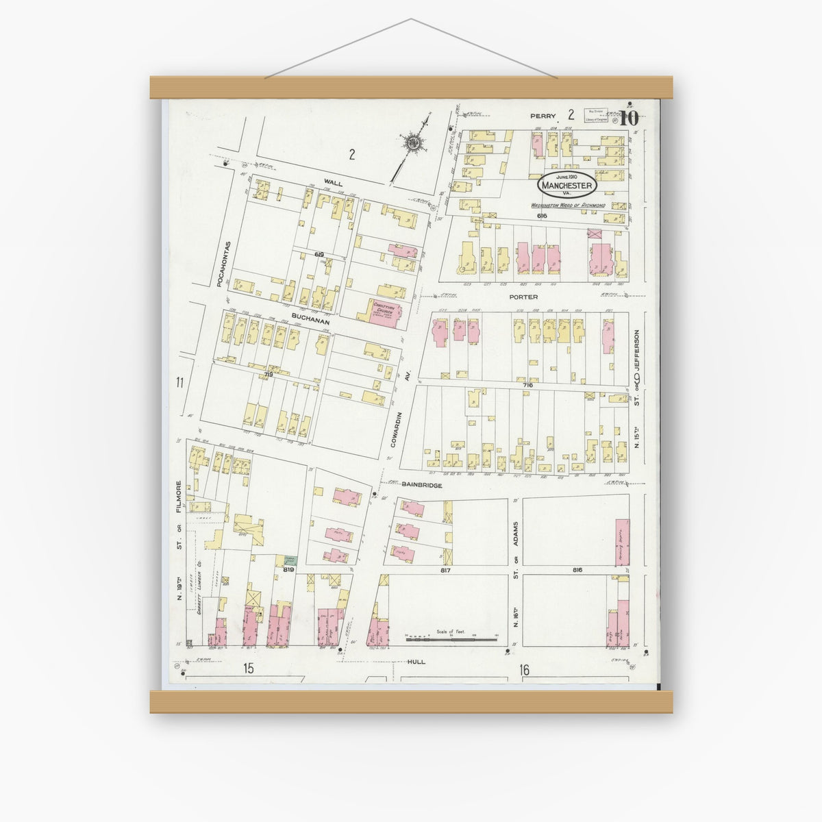Old map wall art mockup — magnetic wood frame on white wall — Sanborn Fire Insurance Map from Manchester, Chesterfield County, Virginia (1910), Sheet #0010