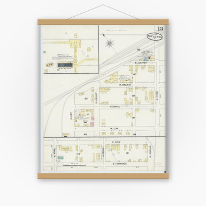 Old map wall art mockup — magnetic wood frame on white wall — Sanborn Fire Insurance Map from Hazleton, Luzerne County, Pennsylvania (1891), Sheet #0013