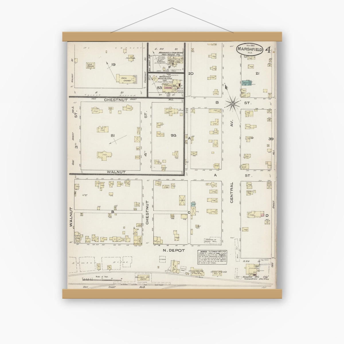 Old map wall art mockup — magnetic wood frame on white wall — Sanborn Fire Insurance Map from Marshfield, Wood County, Wisconsin (1884), Sheet #0004