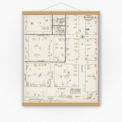 Old map wall art mockup — magnetic wood frame on white wall — Sanborn Fire Insurance Map from Marshfield, Wood County, Wisconsin (1884), Sheet #0004