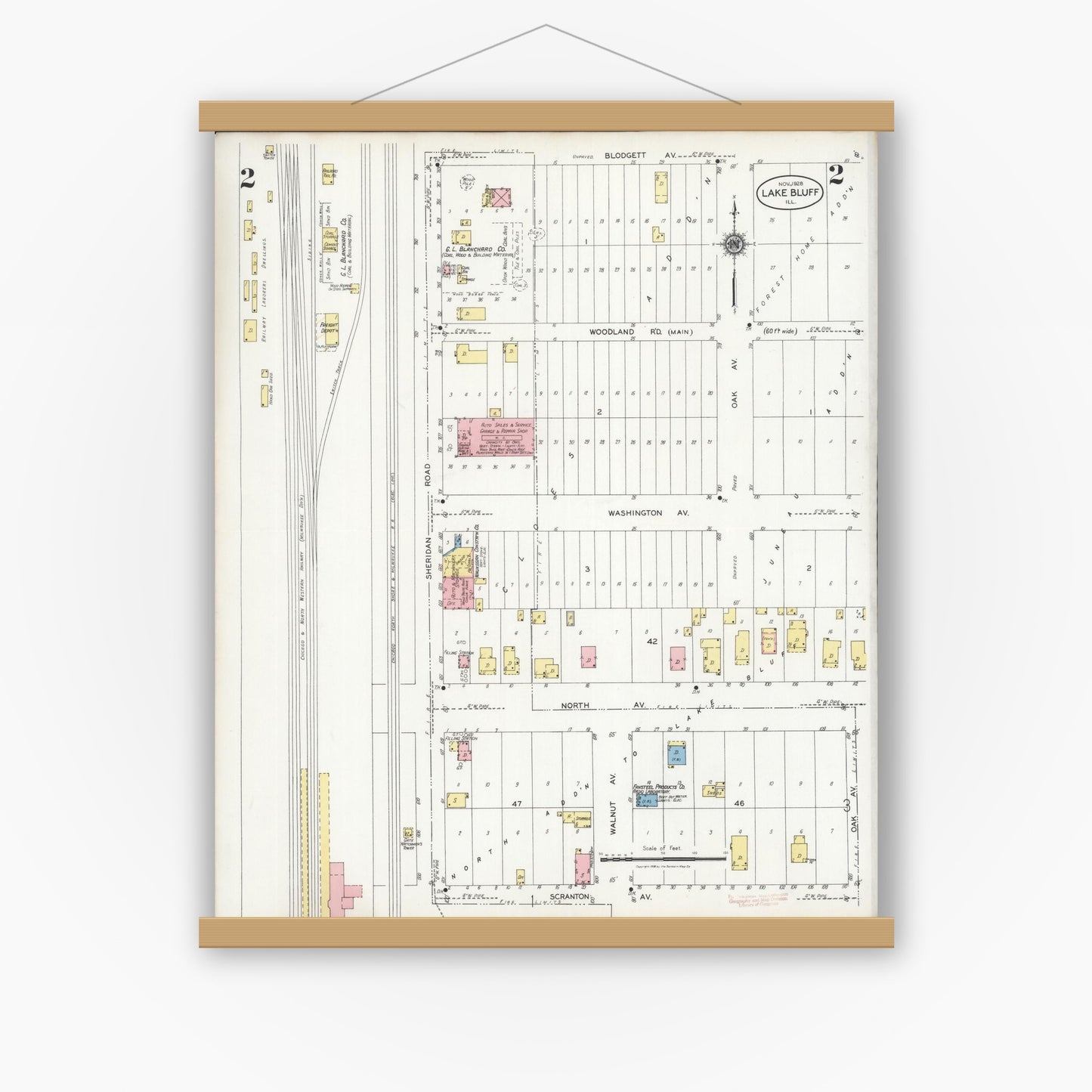 Old map wall art mockup — magnetic wood frame on white wall — Sanborn Fire Insurance Map from Lake Bluff, Lake County, Illinois (1928), Sheet #0002