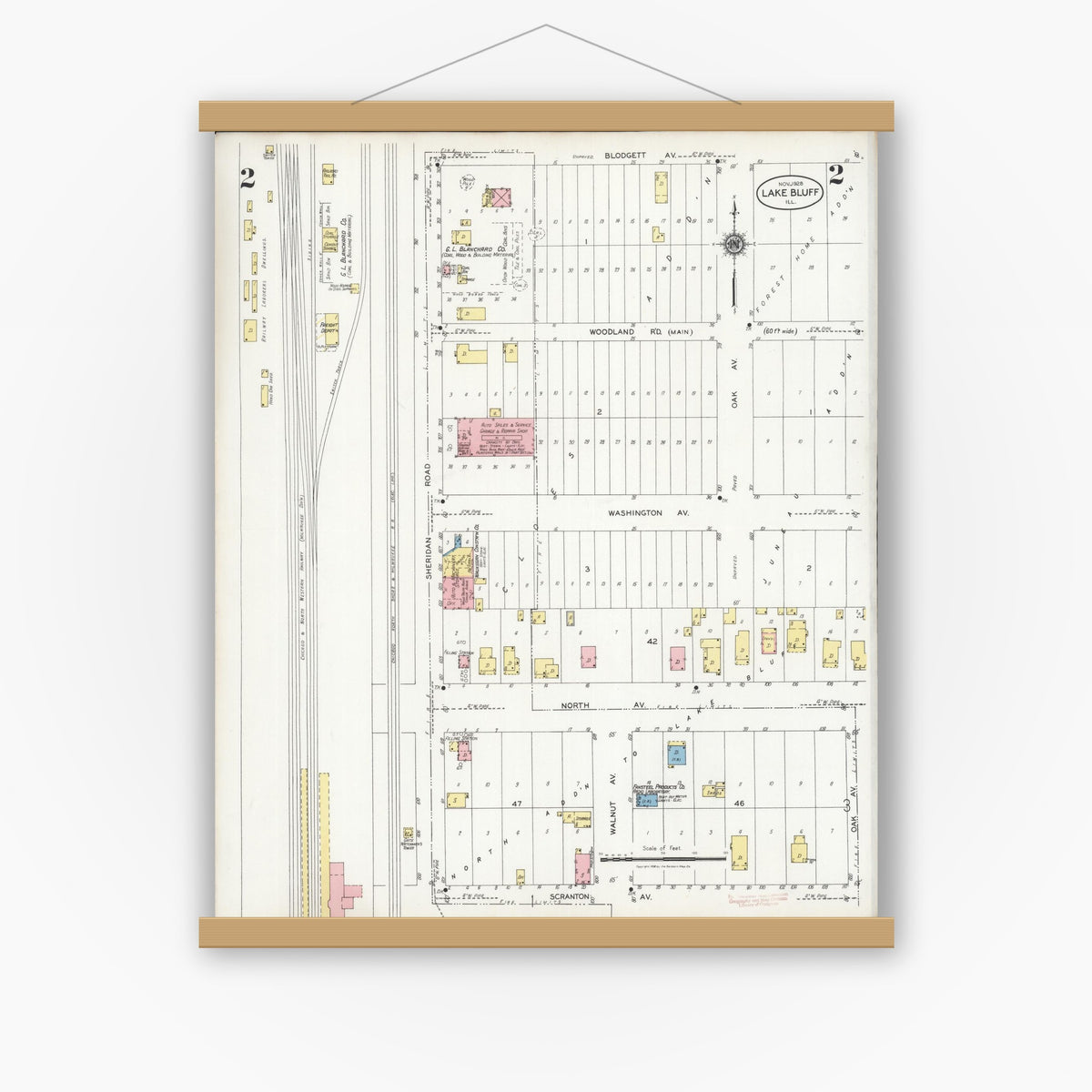 Old map wall art mockup — magnetic wood frame on white wall — Sanborn Fire Insurance Map from Lake Bluff, Lake County, Illinois (1928), Sheet #0002