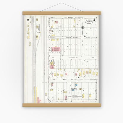 Old map wall art mockup — magnetic wood frame on white wall — Sanborn Fire Insurance Map from Lake Bluff, Lake County, Illinois (1928), Sheet #0002