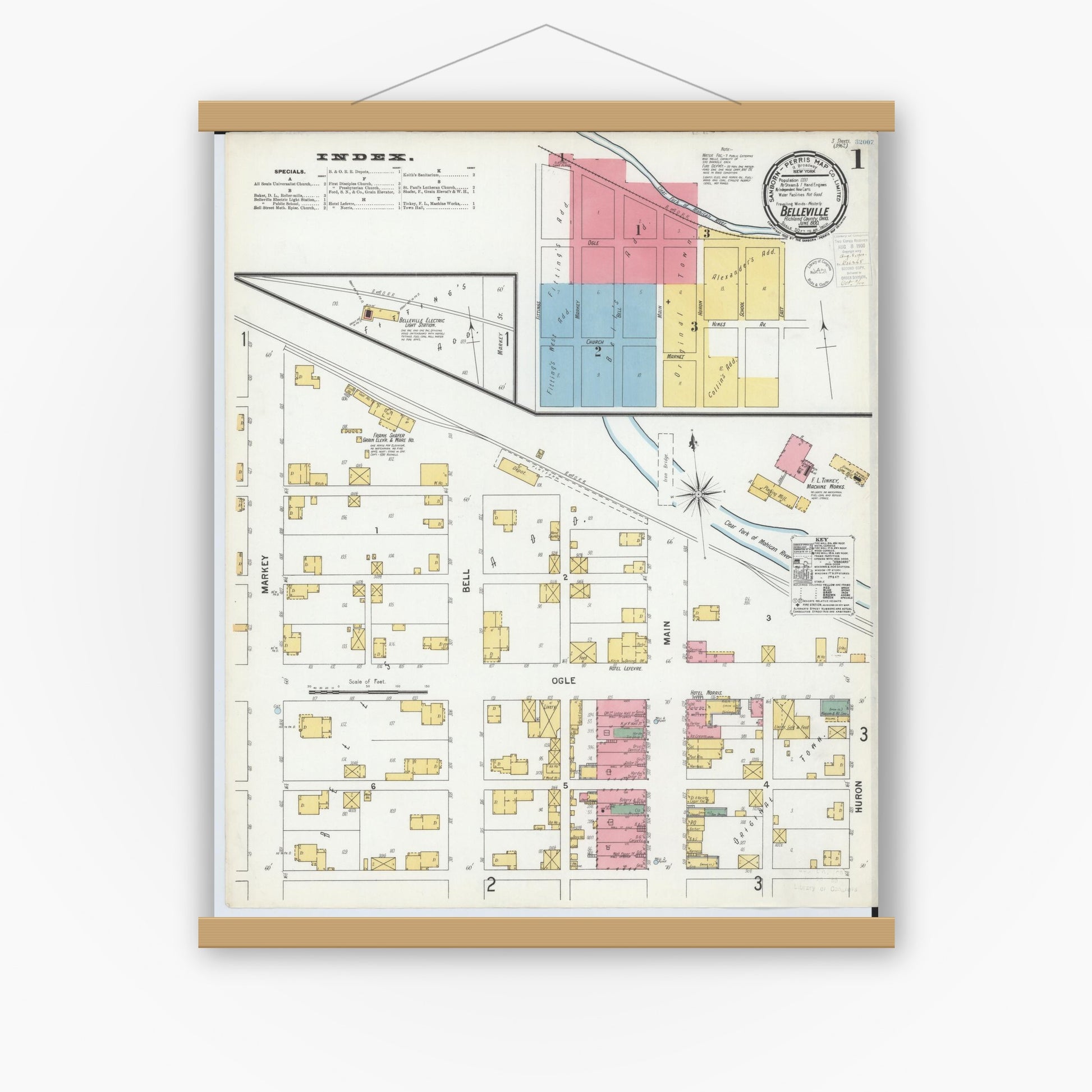 Old map wall art mockup — magnetic wood frame on white wall — Sanborn Fire Insurance Map from Bellville, Richland County, Ohio (1900) - Complete Map Set