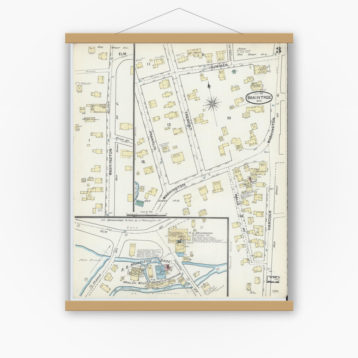 Old map wall art mockup — magnetic wood frame on white wall — Sanborn Fire Insurance Map from Braintree, Norfolk County, Massachusetts (1891), Sheet #0003