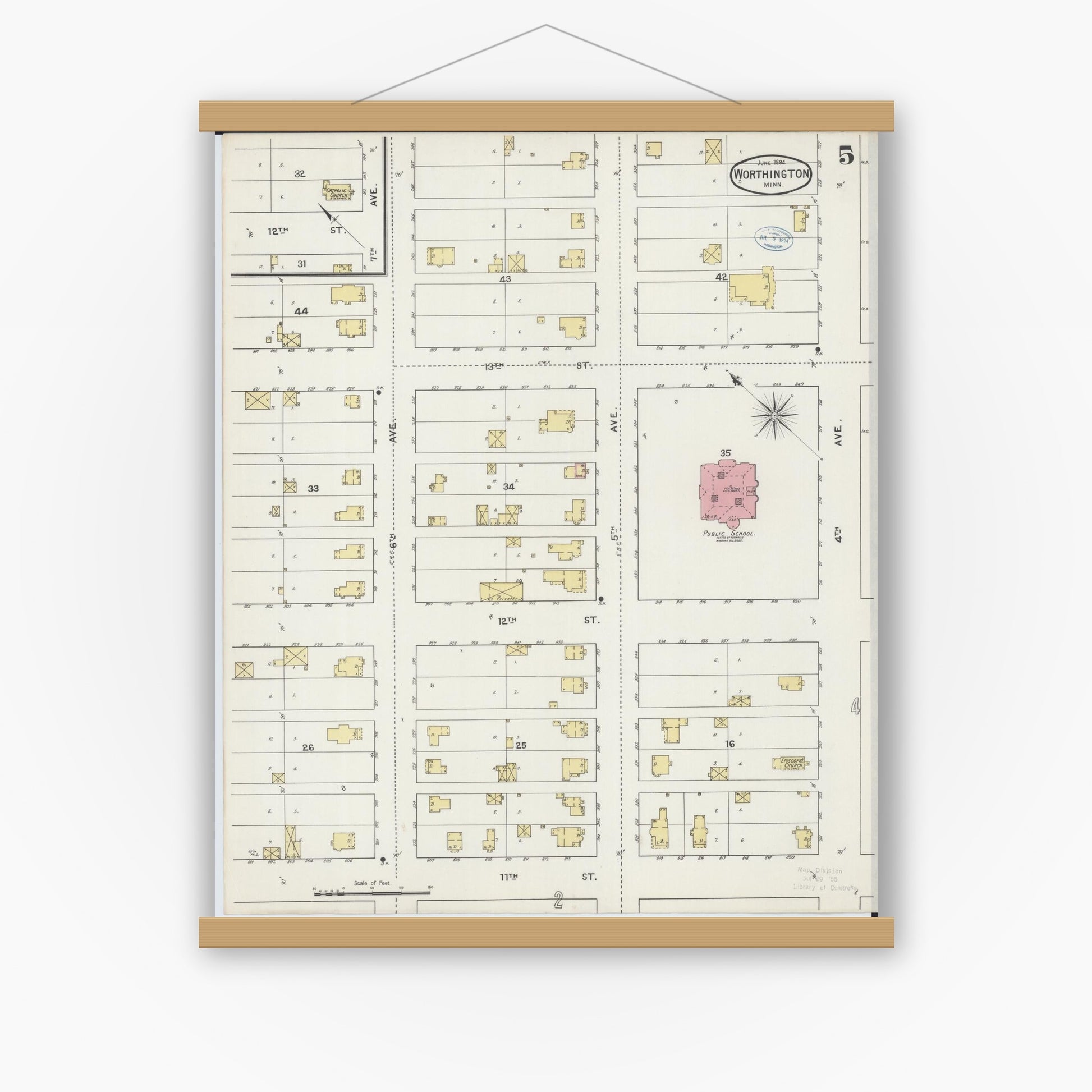 Old map wall art mockup — magnetic wood frame on white wall — Sanborn Fire Insurance Map from Worthington, Nobles County, Minnesota (1894), Sheet #0005