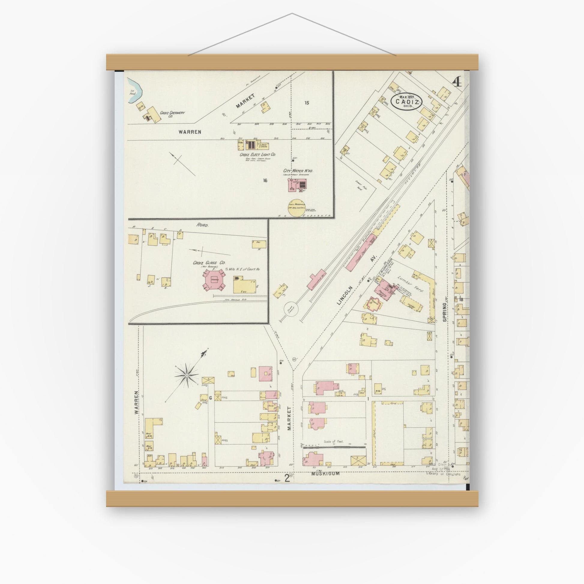 Old map wall art mockup — magnetic wood frame on white wall — Sanborn Fire Insurance Map from Cadiz, Harrison County, Ohio (1897), Sheet #0004
