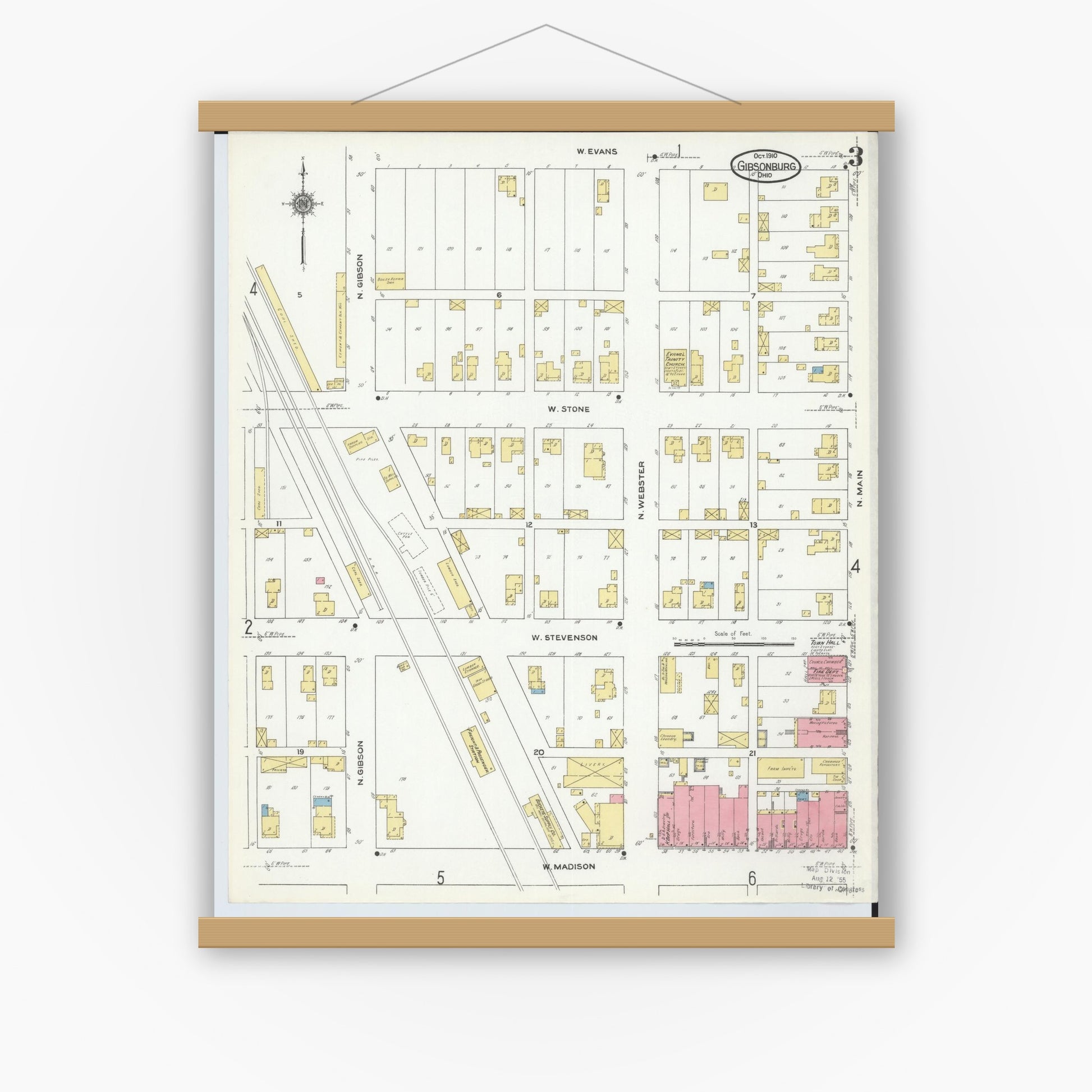 Old map wall art mockup — magnetic wood frame on white wall — Sanborn Fire Insurance Map from Gibsonburg, Sandusky County, Ohio (1910), Sheet #0003