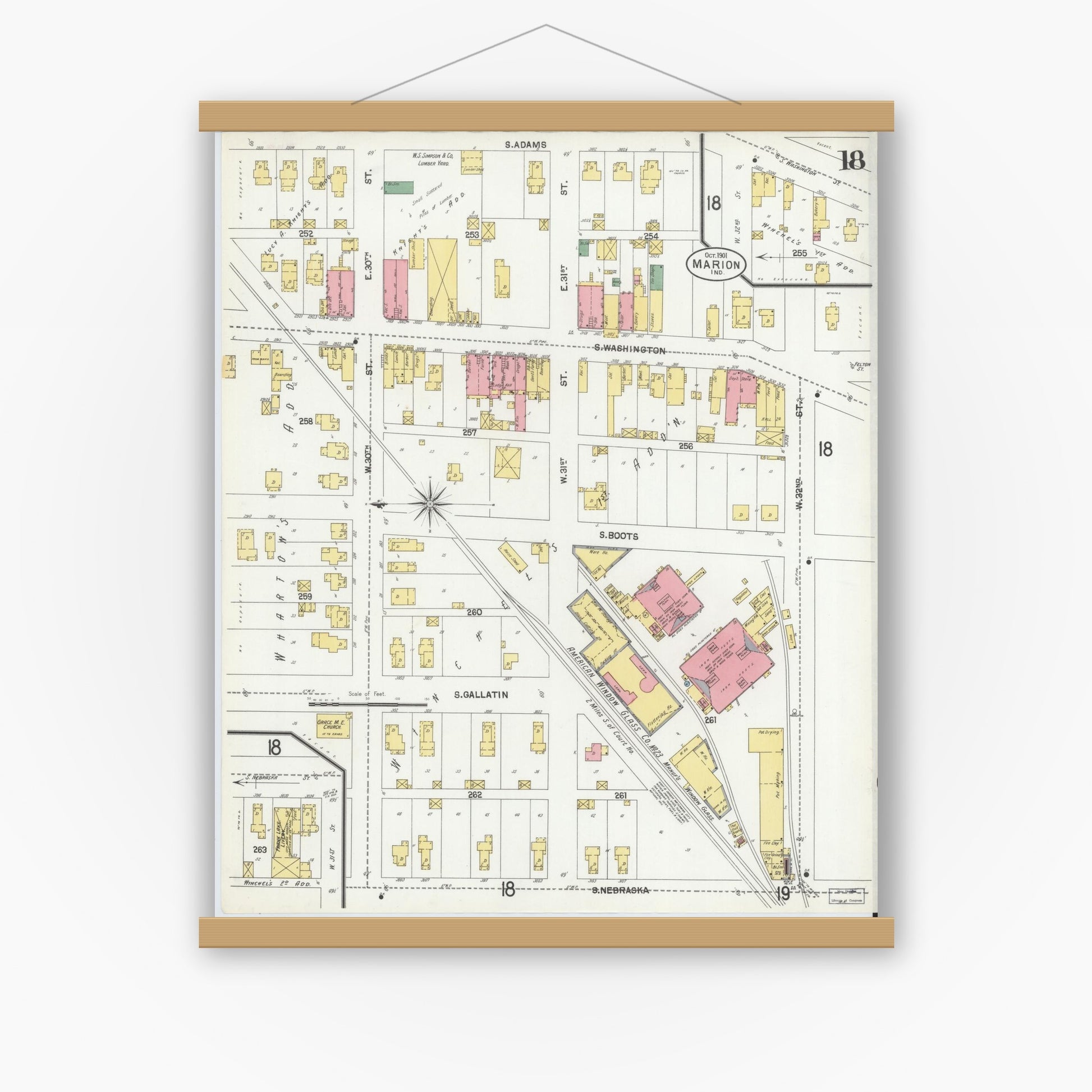 Old map wall art mockup — magnetic wood frame on white wall — Sanborn Fire Insurance Map from Marion, Grant County, Indiana (1901), Sheet #0018